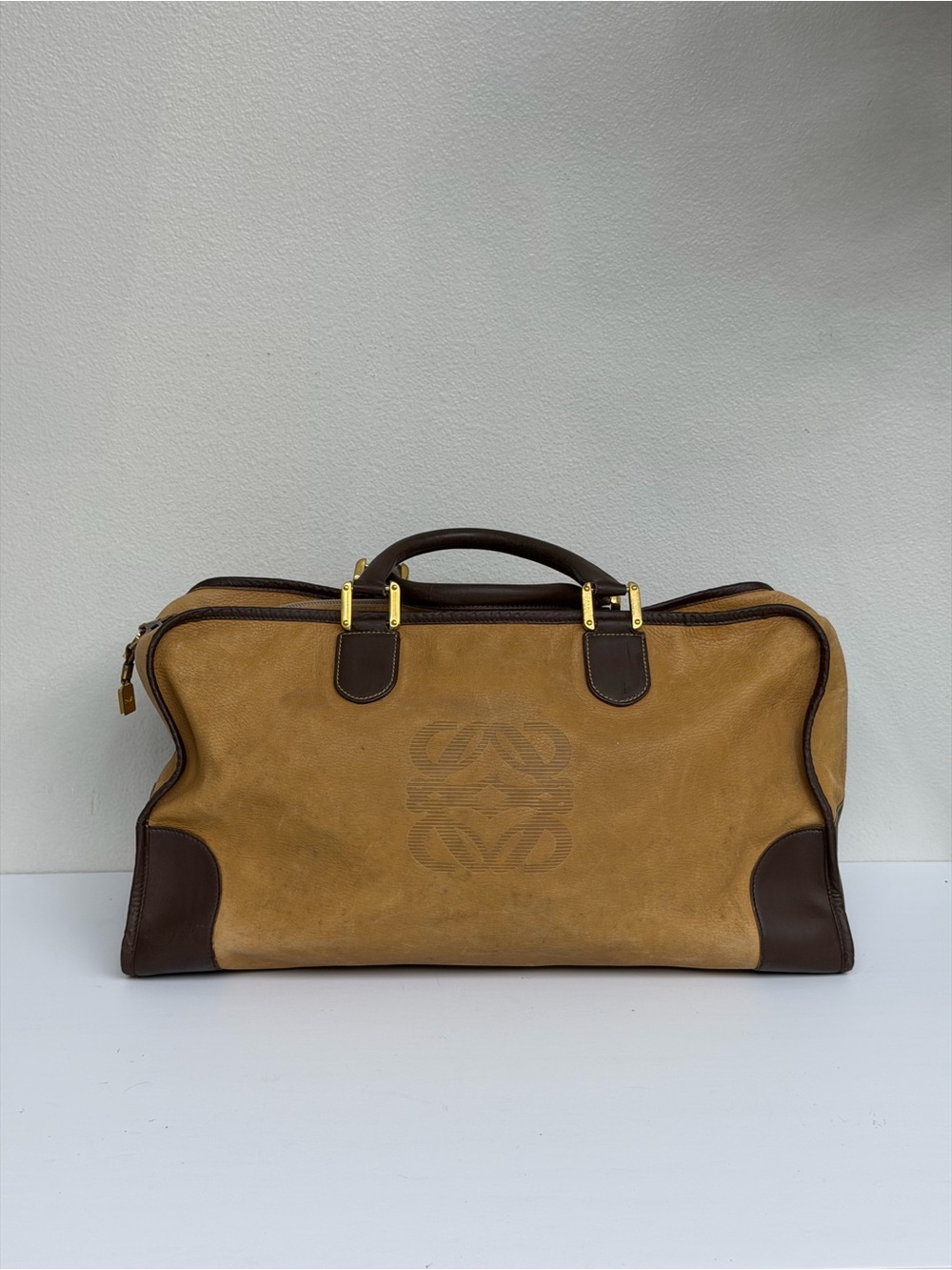 Loewe Vintage Leather Travel Duffle Bag Brown Tan Anagram Large Weekender